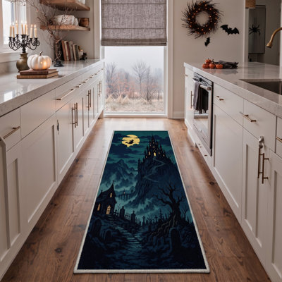 Tapis d'Halloween Château hanté, Noir/Orange, Lavable à la machine, Poils courts, Antidérapant