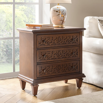 Talona 29'' W Transitional Carved 3 - Drawer End Table with Built-In Outlets and Solid Wood Legs