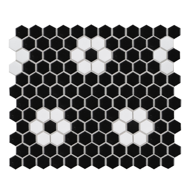 Perfection 1“ x 1" Porcelain Honeycomb Mosaic Wall & Floor Tile, Black/White Flower