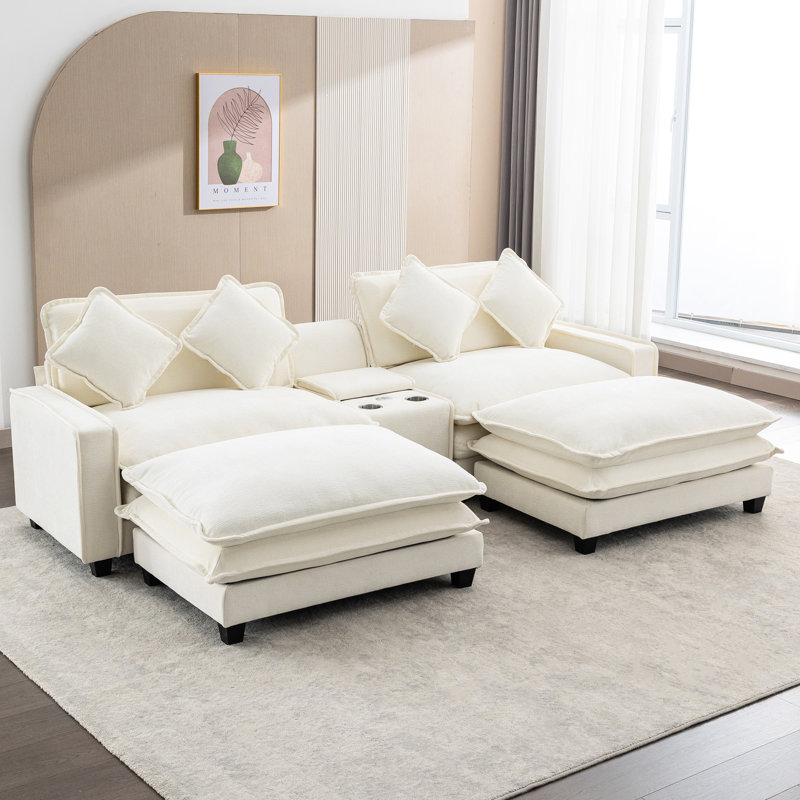 Beige 111 po avec deux repose-pieds amovibles, conception à double coussin, hublots, porte-gobelets, grand rangement caché et 4 coussins, canapé modulaire en chenille beige, coussin équipé, revêtement