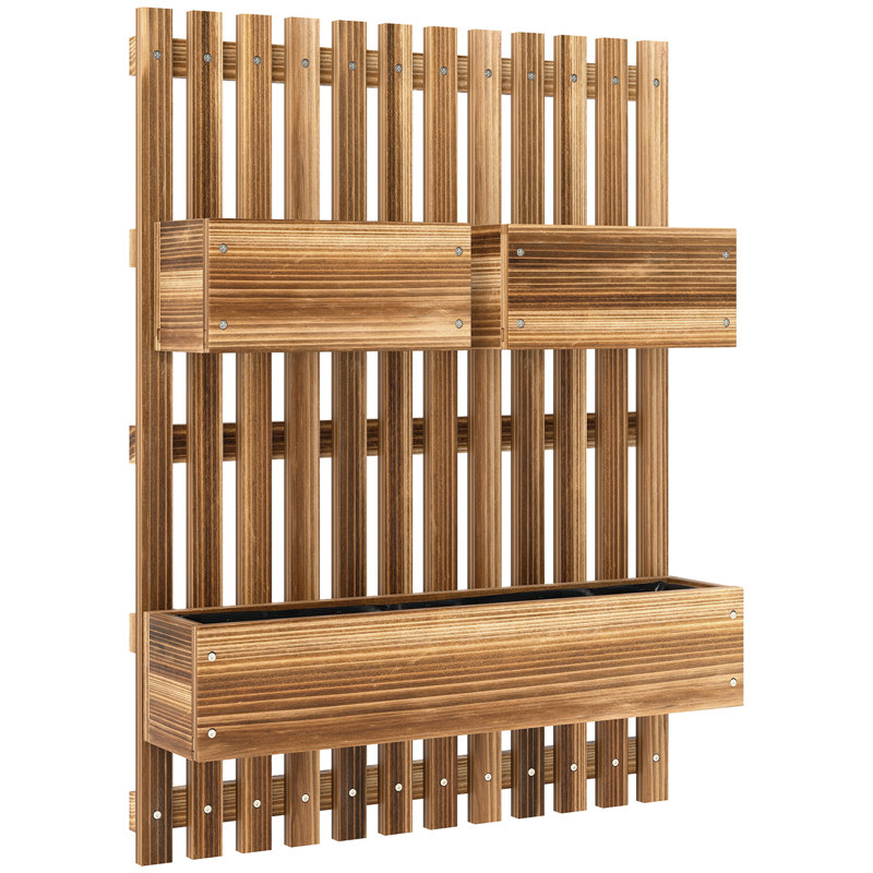 Wall-mounted Wooden Garden Planters with Trellis, Drainage Holes and 3 Planter Boxes for Patio, Carbonised finish