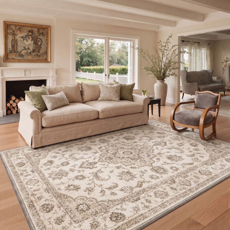 Tapis traditionnel ivoire / beige Performance à poils courts et antidérapant traditionnel, Rectangle 10' x 14'