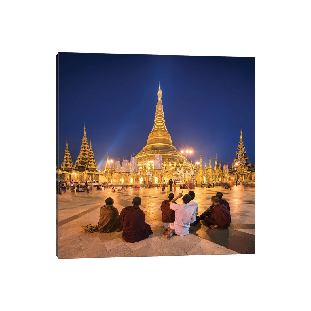 Group Of Buddhist Monks In Front Of The Golden Shwedagon Pagoda In Yangon, Myanmar