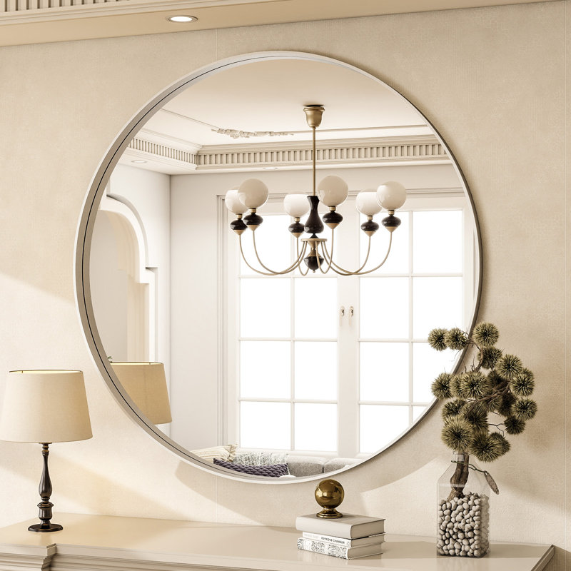 Wall Mirror Deep Framed Bathroom Mirror Wall Mounted Round Mirror,, 24" x 24", Silver