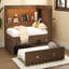 Lit de jour en bois pleine grandeur avec tablettes de rangement, USB, DEL et lit gigogne, couleur bois antique-292634016