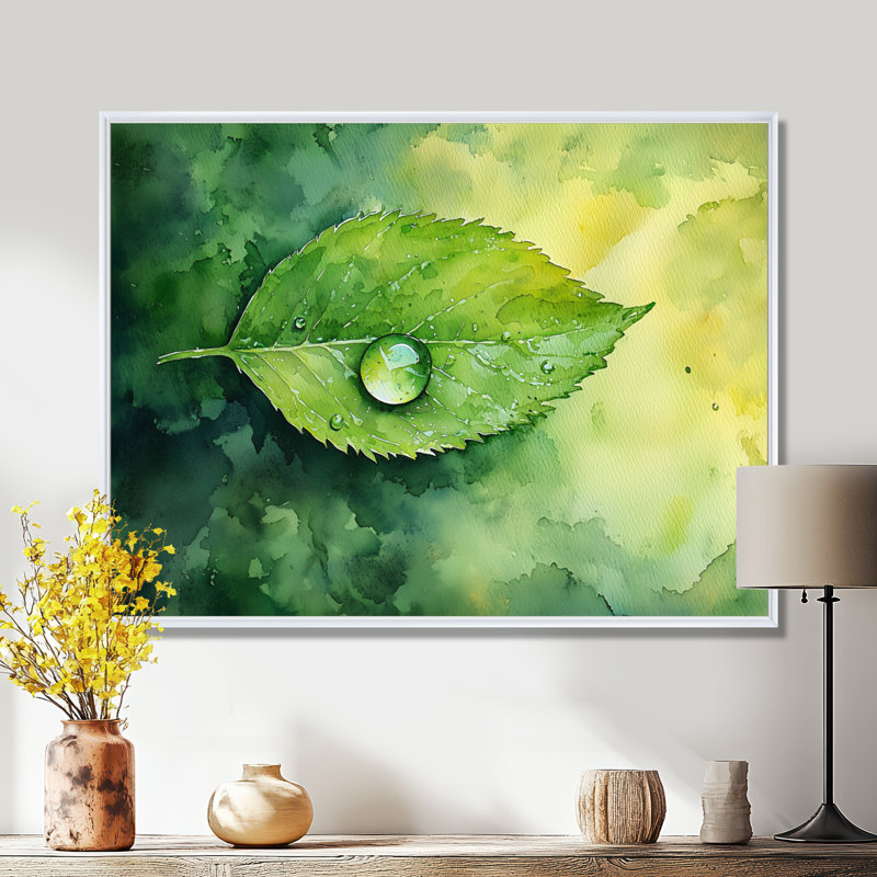 Goutte d'eau verte sur feuille II - feuilles, art mural, H 34 po x l 44 po, Impression encadrée flottante, Blanc