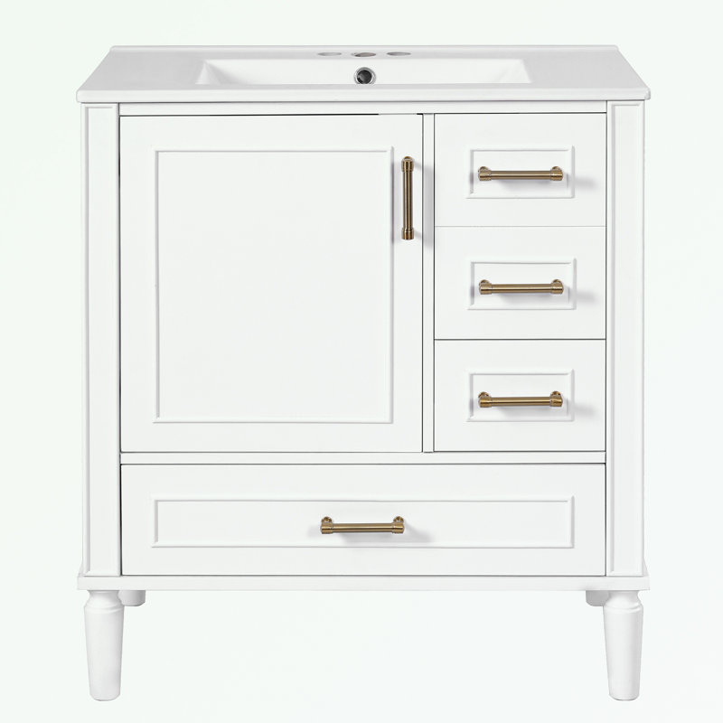 Meuble-lavabo avec lavabo, trois tiroirs et poignées en métal, Blanc