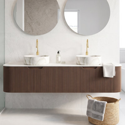 Meuble-lavabo mural en contreplaqué 60 po, noyer foncé, conception rayée à bord incurvé avec tiroir de rangement imperméable et résistant à l'humidité, pré-assemblé