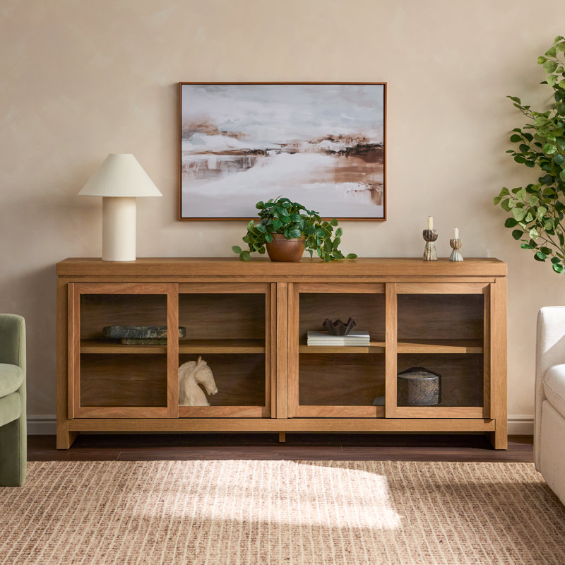 Bateson Modern Window Pane TV Stand/Sideboard with Sliding Doors, 74 Inch, Heritage Oak
