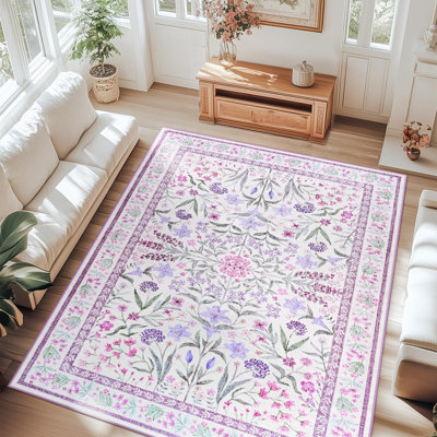 Large Oriental Floral Living Room Rug Washable Bedroom Rug Non-Slip Colourful Vintage Accent Floor Carpet For Home Decor