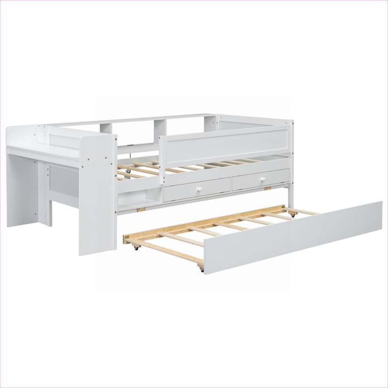 Storage-Focused Twin Size Multi-Function Platform Daybed, Solid Pine Construction, Crisp White With Built-In USB Charging And Desk
