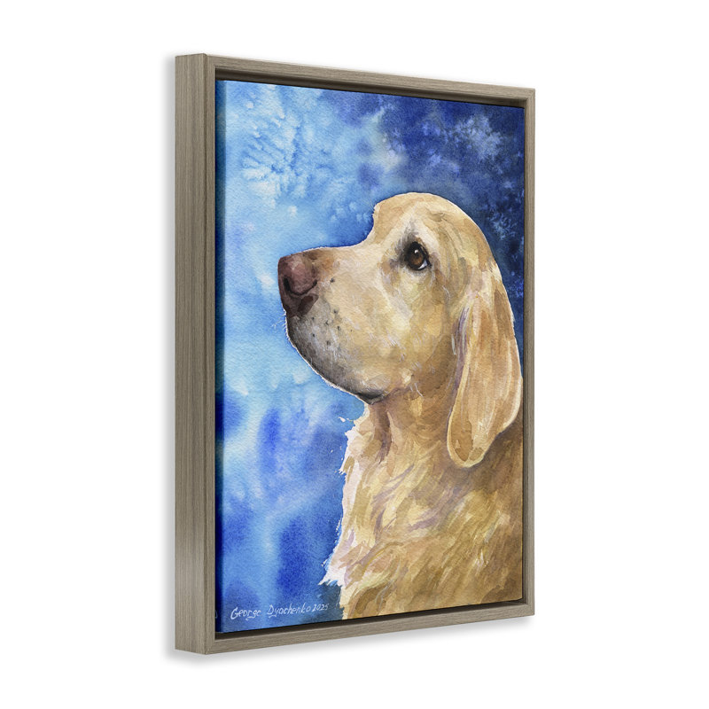 Golden Retriever Portrait sur cadre flottant azur, design par George Dyachenko, H 21 po x l 17 po
