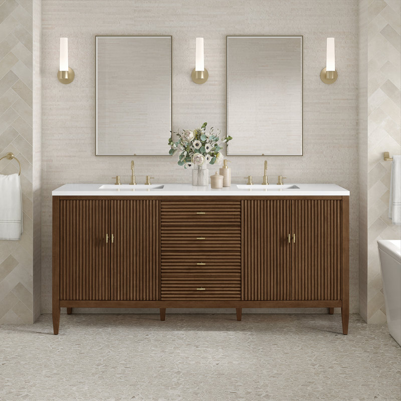 Myrrin 72'' W Double Vanity, Mid-Century Walnut, White Zeus, 8" Widespread