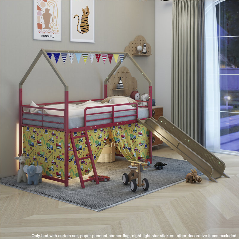 Jack Metal Junior House Twin Loft Bed With Slide And Curtain Set, Gold/Red