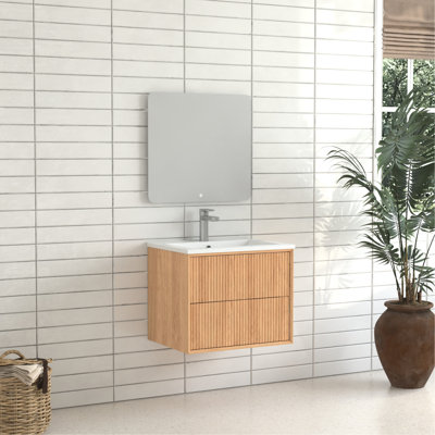 Armoire de salle de bain flottante 24 po, bois massif, fixation murale, tiroirs rainurés, lavabo en résine blanche, style américain, meuble-lavabo de largeur, vasque de rangement, design,