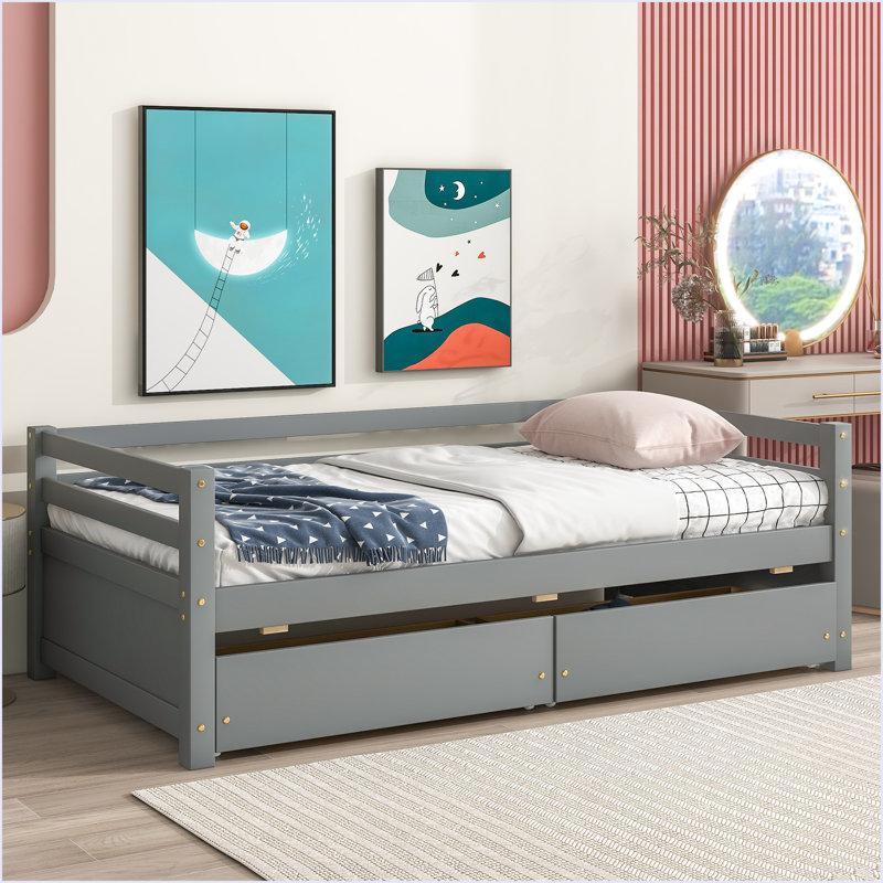 Lit de jour avec deux tiroirs de rangement, Gris