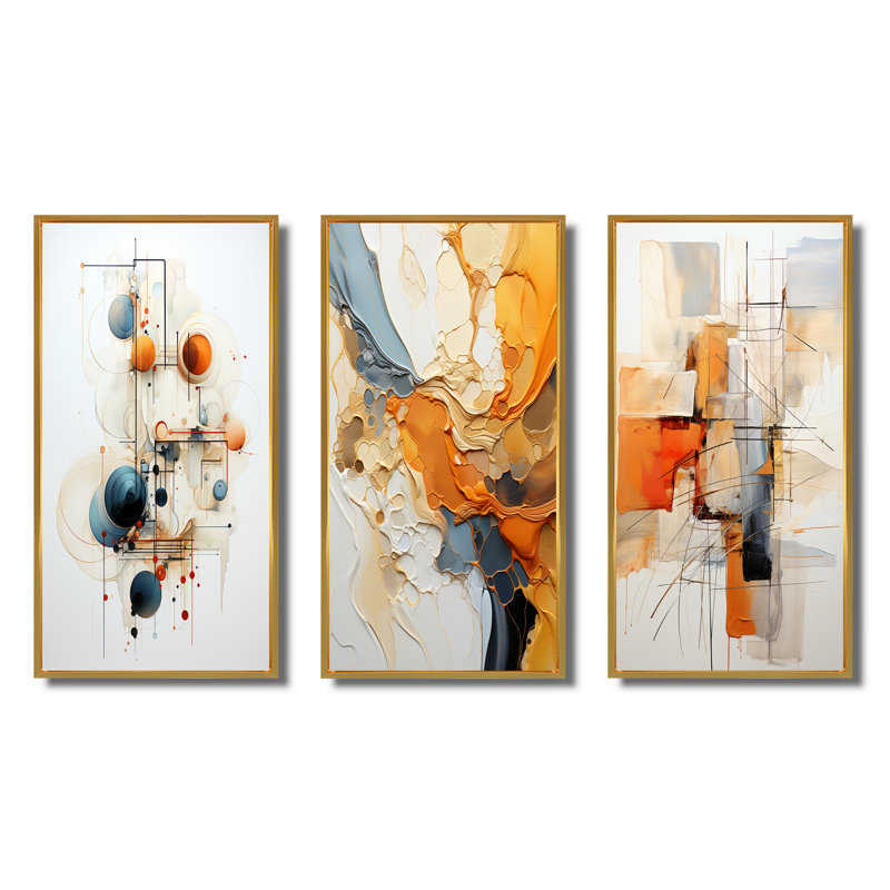 Sarcelle orange, dessin au trait, symbolisme conceptuel - art mural, ensemble de 3, Cadre flottant doré, H 20 po x l 36 po
