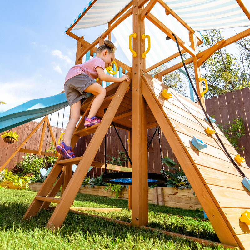 Teamson Kids Laguna Outdoor Wooden Swing Set With Slide & Rock Wall, Medium Wood