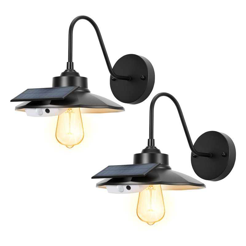 Luminaire de grange solaire pour l'extérieur, 3 modes d'éclairage et capteur de mouvement, ensemble de 2 luminaires à col de cygne, applique murale de style campagnard, avec ampoule E27 compatible, imperméable pour porche, maison, entrée, garage, noi