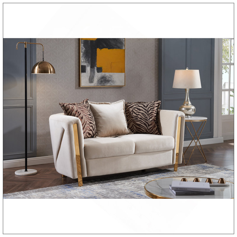 Causeuse rembourrée en velours épais avec structure en bois massif beige, parfaite pour des sièges confortables et élégants