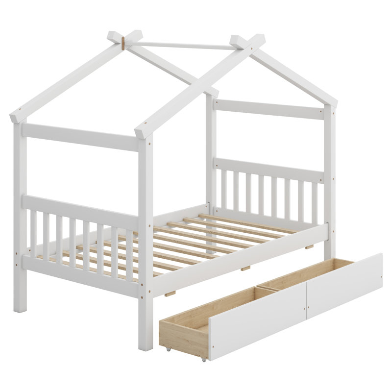 Lit en bois avec tiroirs, Blanc