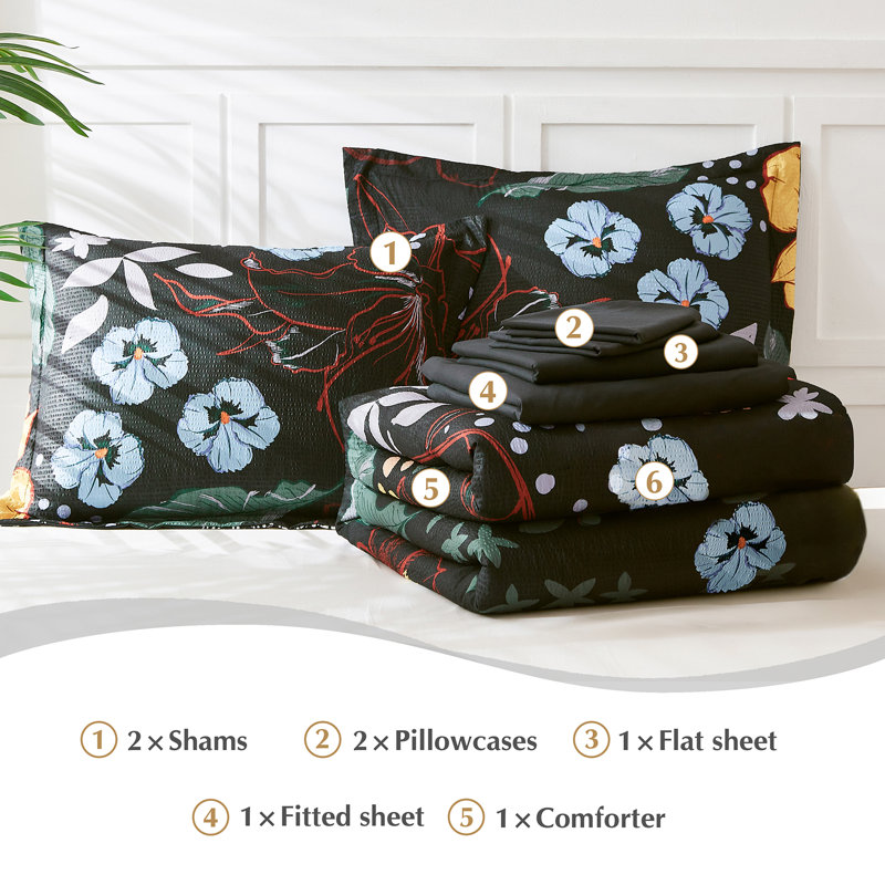 Comforter Set, Comforter Set with Pattern, Soft Seersucker Design All Season Microfiber Bedding Set, Black/Red/Blue Floral