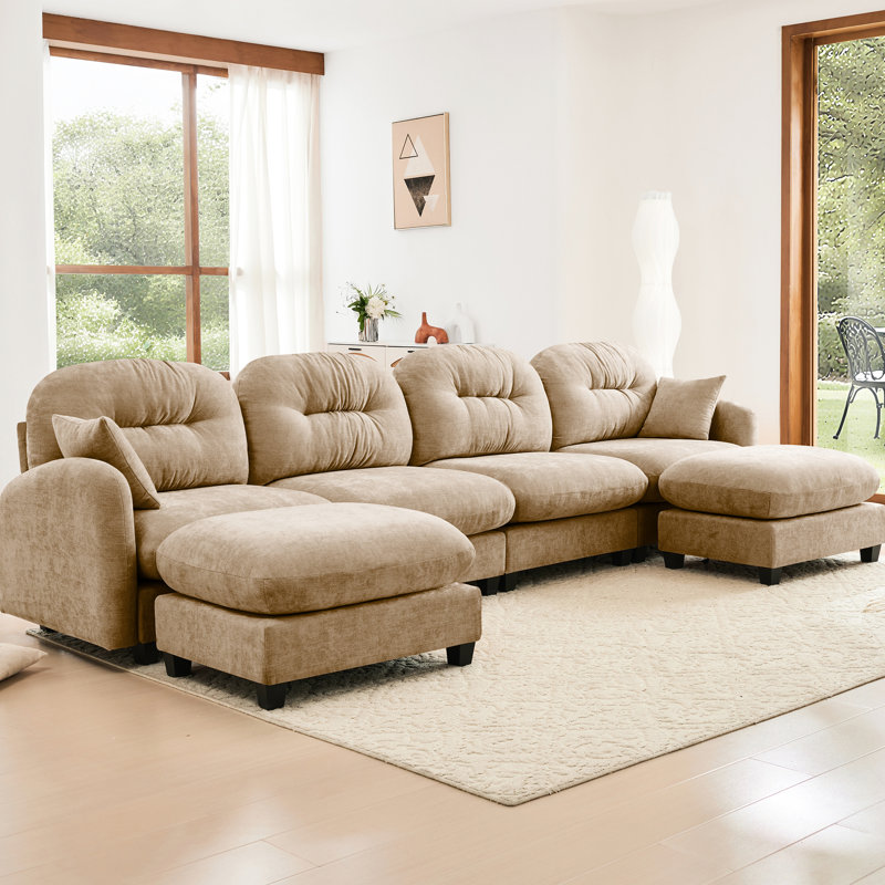 Canapé modulaire en U de couleur chameau modulaire à 4 places avec matériau en chenille douce, siège ergonomique en mousse à haute densité, conception, housse mobile décorative, plissé courbé, différents agencements,