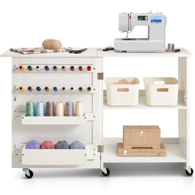 Folding Sewing Table With Lockable Wheels Storage Shelves Trays Door White