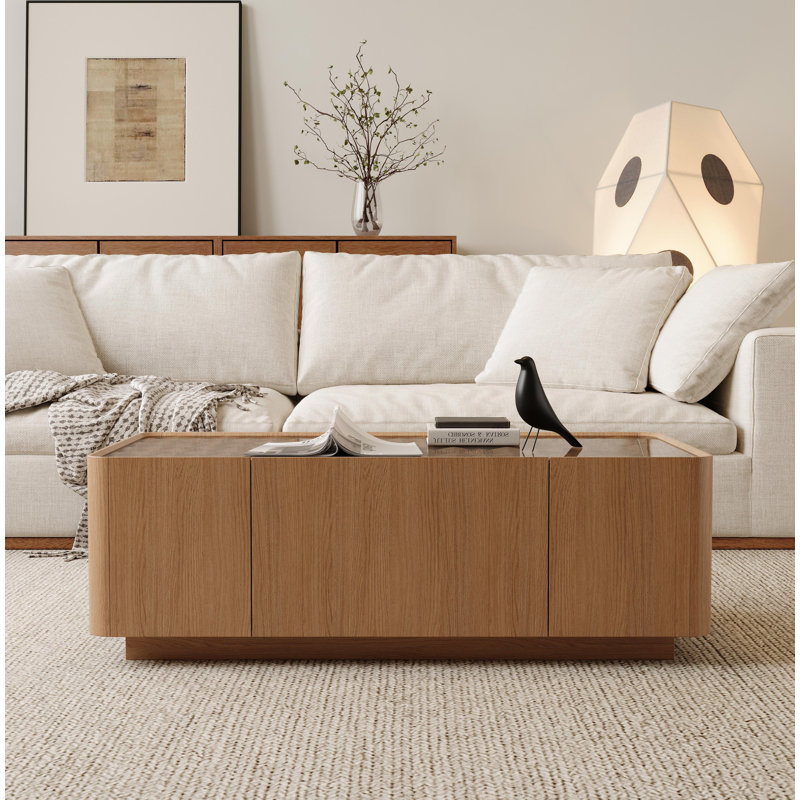 Table basse de 46,8 po de style Mid-Century moderne avec plateau en verre, table centrale rectangulaire avec tiroirs de rangement cachés pour le salon, table basse de rangement contemporaine avec base stable pour maison d'appartement (noyer clair)