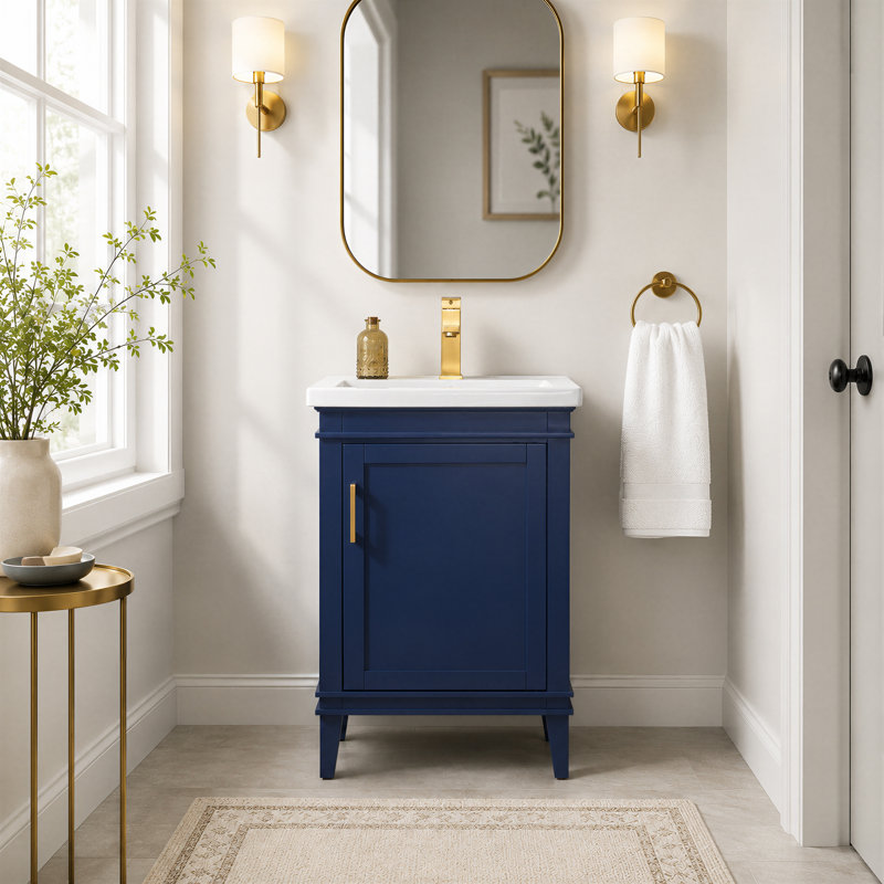 Arzola 24'' Freestanding Single Bathroom Vanity with Ceramic Top, Navy Blue
