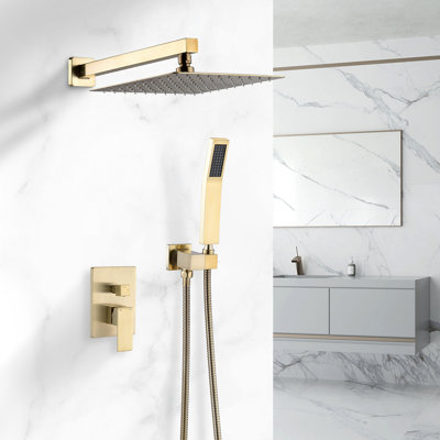 Shower Set Brushed Gold 10 Inch Bathroom Deluxe Shower Mixer Shower Combination Set Wall Mounted Shower Head System Shower Faucet