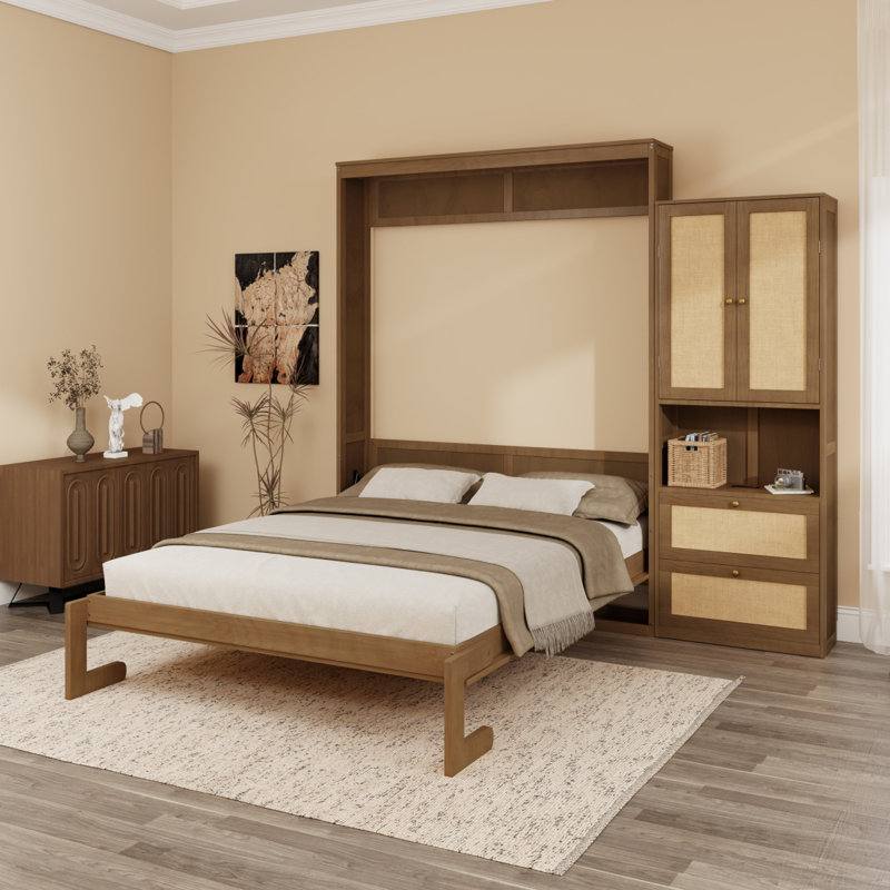 Lit escamotable en bois massif avec armoire à lit escamotable avec 1 tablette de rangement latérale, Noyer, Grand lit
