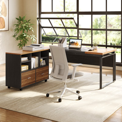 L-Shaped Executive Desk With Reversible File Cabinet