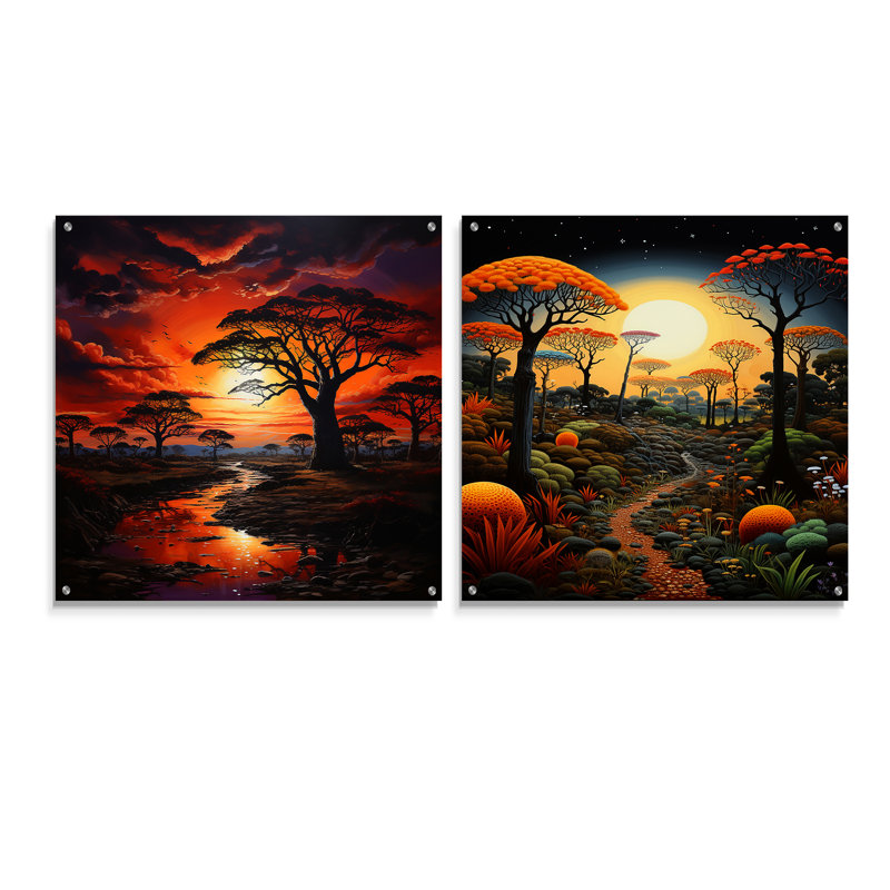 Baobab Tree Landscape III - ensemble de 2 peintures murales en acrylique Baobab, H 16 po x l 33 po