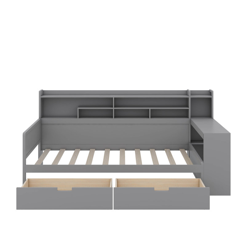 Wooden Twin Size Daybed With Storage Shelves, Multi-Functional Bed With Two Storage Drawers And Study Desk, Twin