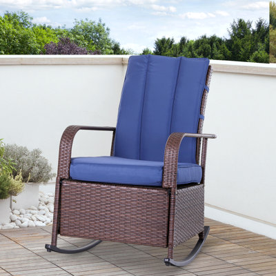 Chaise berçante d'extérieur en osier, fauteuil inclinable de patio avec dossier ajustable, chaise longue en rotin Pe avec repose-pieds réglable et coussins pour le jardin, la cour, le porche, le bleu