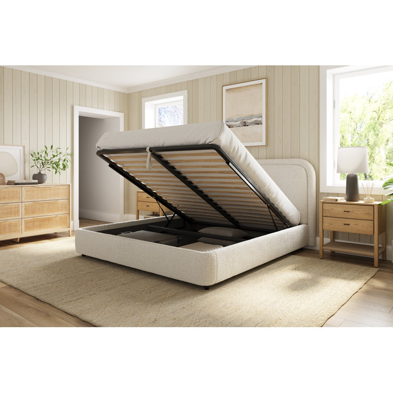 Modern Upholstered Lift-Up Storage Bed with Curved Headboard, Low Profile Platform, Queen, Boucle