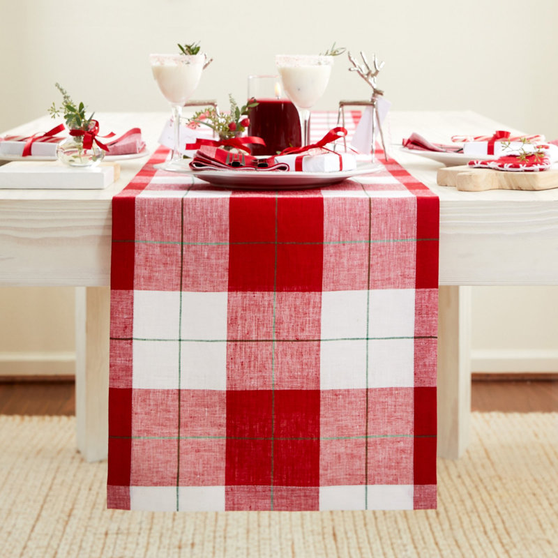 Very Merry Plaid - 100% Pure Linen Christmas Table Runner, 48" x 14"
