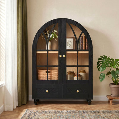 Vitrine arquée avec portes en verre trempé, armoire de rangement en bois avec finition grain de bois naturel, pieds d'appoint en bois massif avec tiroirs pour le salon, la salle à manger, le bureau