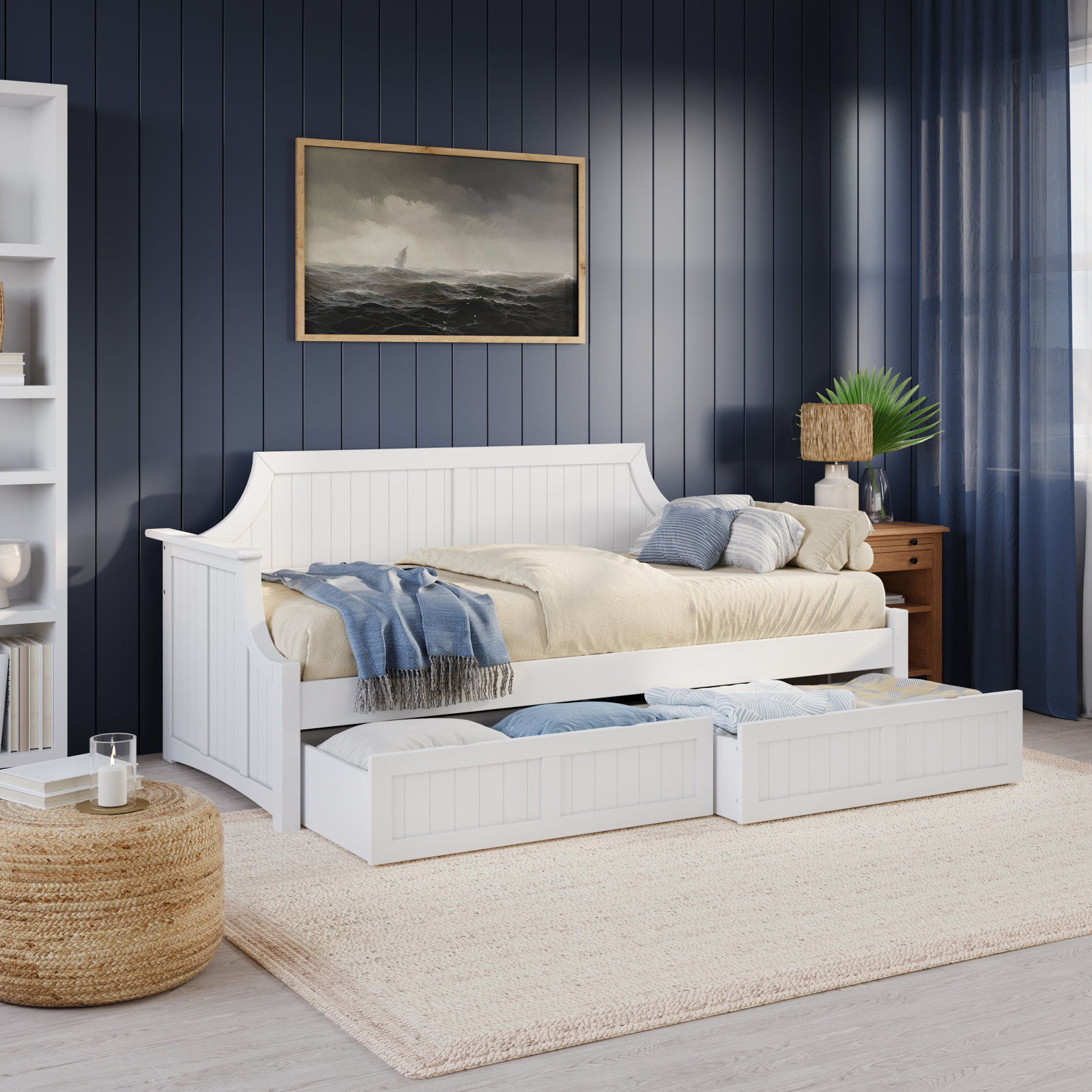Antavious Coastal Cottage Solid Wood Twin Daybed with Storage Drawers, White