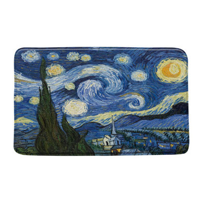 Starry Sky Serenity Bath Mat - Abstract Art Blue Sky, White Clouds, Moon & Stars - Perfect for Bathroom & Kitchen, 17.8x29.5 Inch