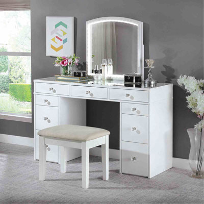 Contemporary Style 1Pc Vanity Set  Mirror LED Lights Storage Drawers Wooden Glides Stool Included Bedroom Furniture