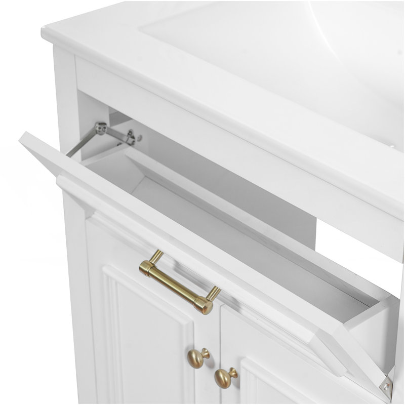 Meuble-lavabo 24 po avec lavabo en céramique intégré, armoire de salle de bain avec 2 portes, 1 tiroir basculant, meuble-lavabo simple pour salle de bain petite et moyenne, blanc