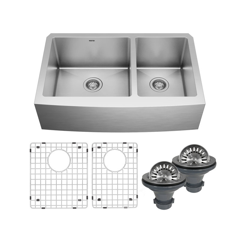 Karran 16-Gauge Stainless Steel 33'' X 22-1/4'' 60/40 Double Bowl Farmhouse Apron Front Sink Kit