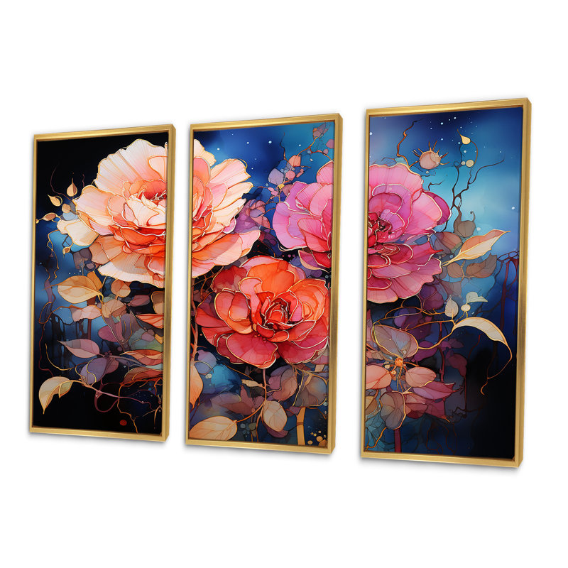 Ensemble d'art mural Coral Roses Gilded Opulence I - Roses, Cadre flottant doré, H 40 po x l 60 po x P 1 po