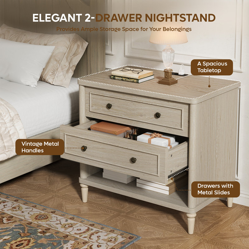 Durso Farmhouse 30"W Nightstand with 2 Drawers and a Charging Station, Solid Wood Bedside Table Wood Night Stand Set of 2, 2