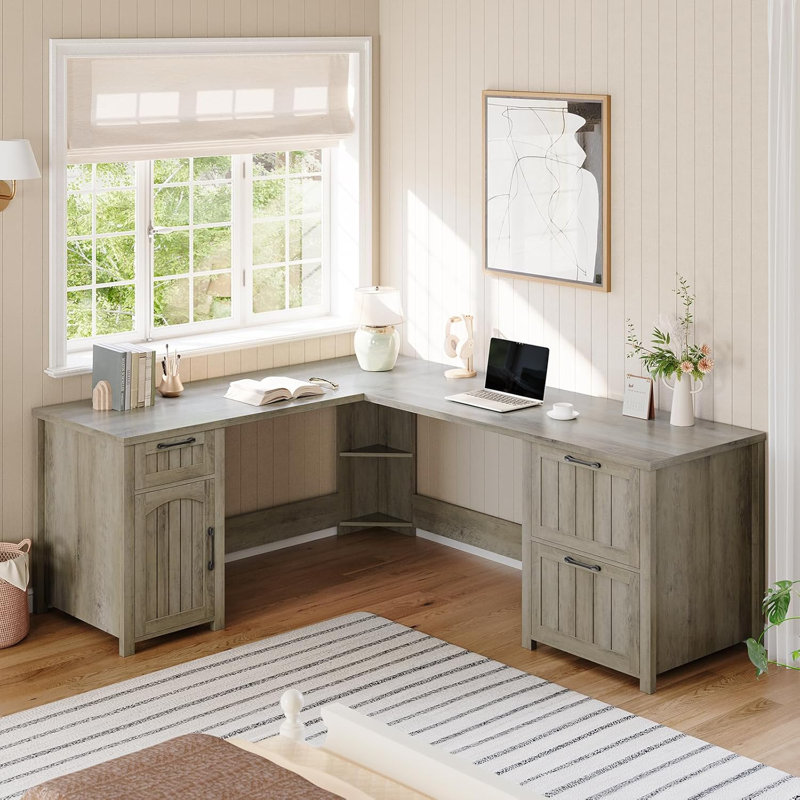 Farmhouse L Shaped Desk with 3 Drawers & Storage