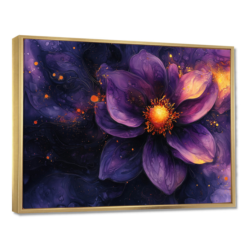 Dahlia vif lavande Dreamscape II - art mural Dahlia, H 16 po x l 32 po, Cadre flottant, Doré