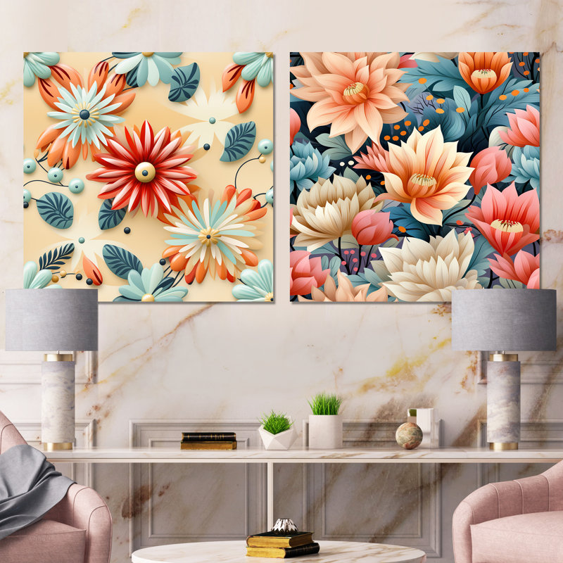 Maelia - Ensemble de 2 reproductions carrées de motifs abstraits botaniques, H 23 po x l 46 po