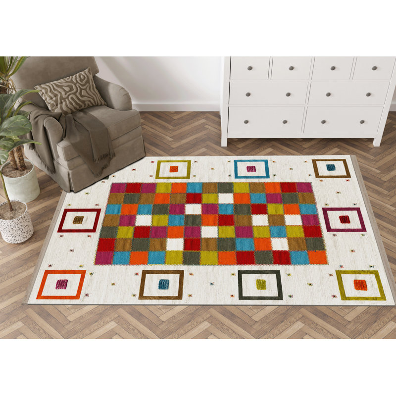 Tapis décoratif multicolore à motif géométrique carré, Rectangle 4 pi 11,06 po x 9 pi 10,11 po